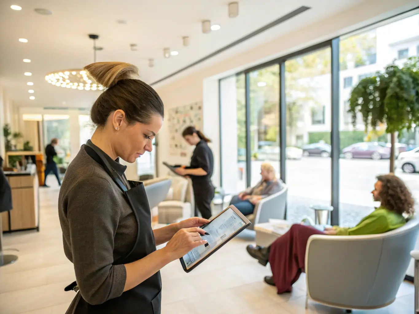 An image showing a busy salon receptionist juggling multiple tasks, symbolizing the 'Operations' leak. The image should convey the chaos of inefficient operations.