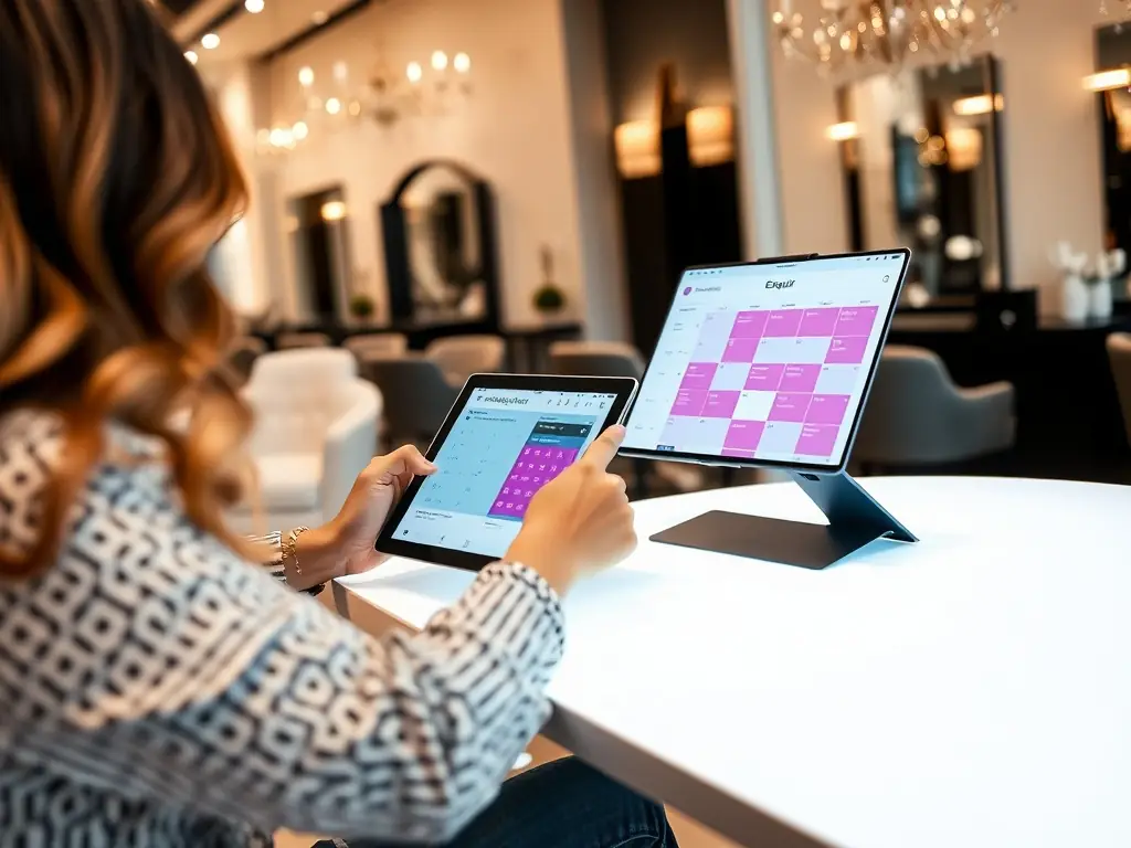 An image of a salon owner smiling and relaxed, with a fully booked appointment schedule visible in the background, representing the run phase.